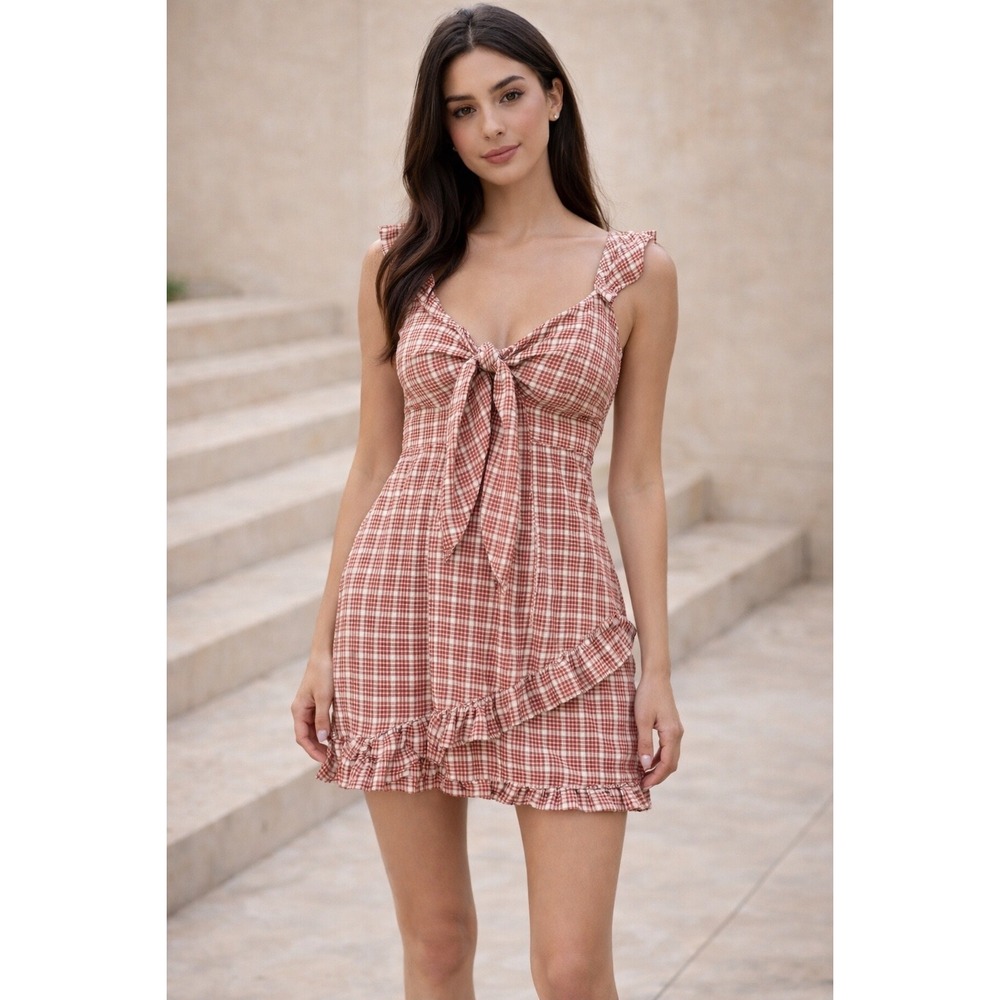 Storia Red Gingham Tie Front‎ Ruffle Mini Dress Cottagecore Picnic Size Small